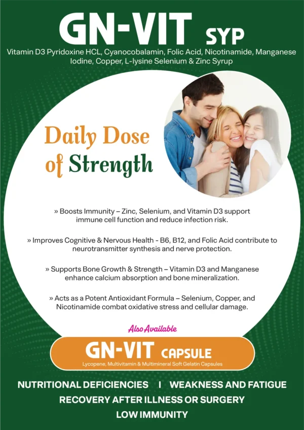 Vitamin D3 Pyridoxine Hcl, Cyanocobalamin Folic Acid, Nicotinamide, Manganese, Iodine Copper, L Lysine Selenium & Zinc multivitamin and multimineral syrup visual aid